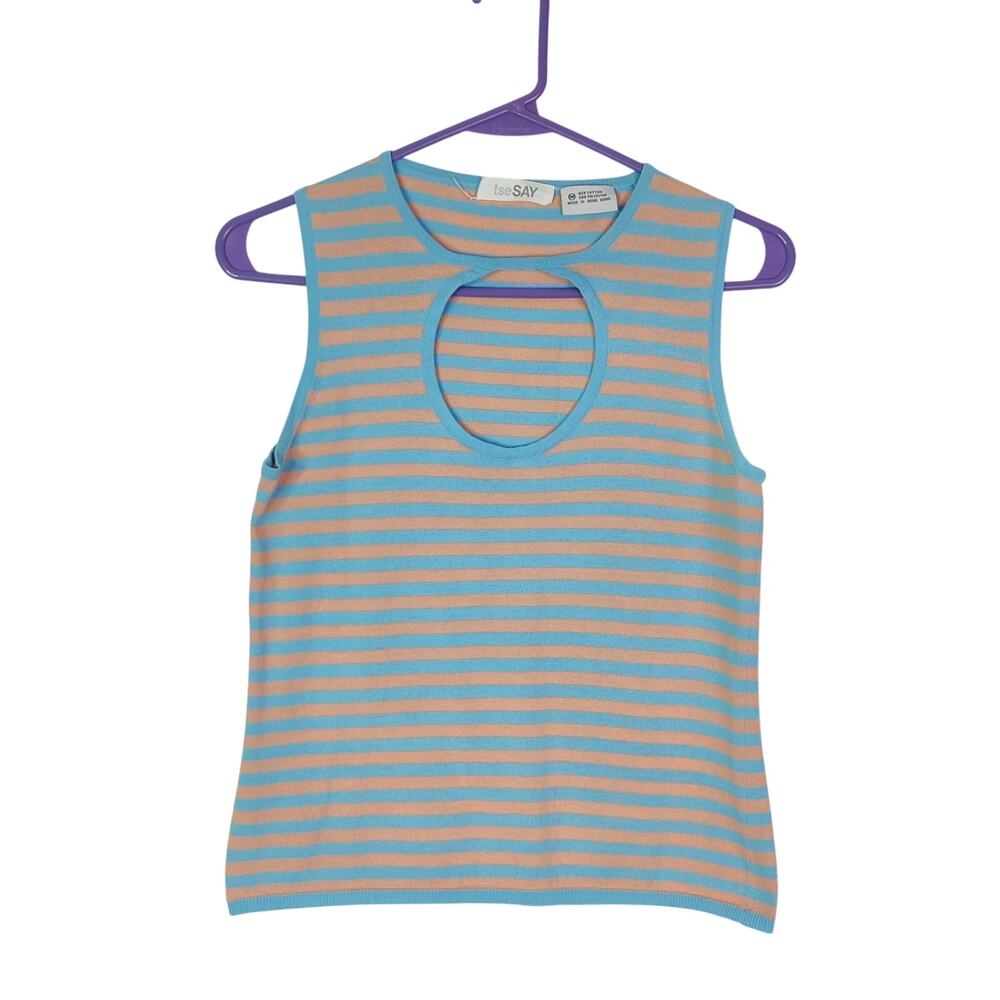 TSE Say Blue Orange Striped Keyhole Cut Out Knit Retro Tank Top Medium Twee